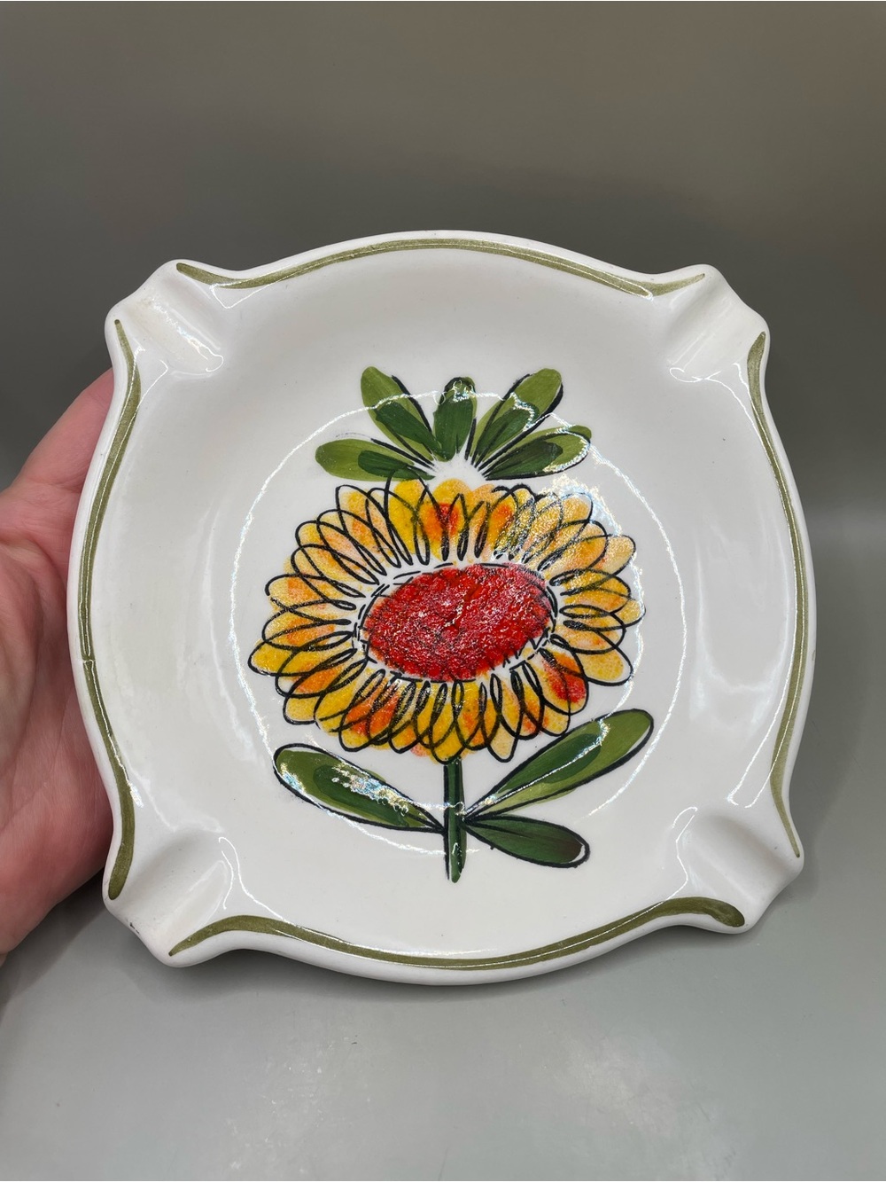 VTG READ Hand Painted 6.75” Ashtray Trinket Dish Sunflower Floral Made in Brazil
